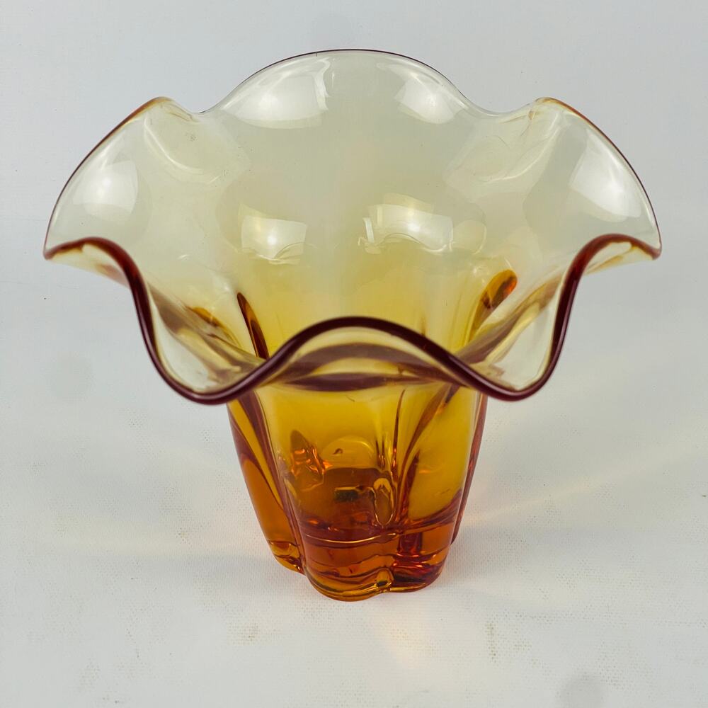 Tiffen Glassware Amber Ruffle Glass Vase or Candle Holder 6” W x 4 5/8” H